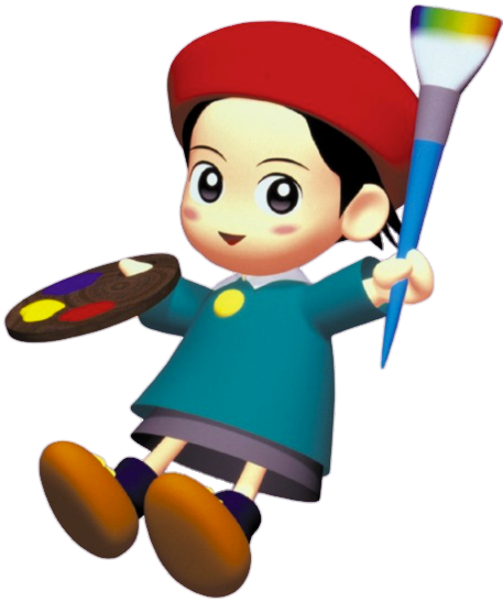 Adeleine from the Kirby video game series. Adeleine is a short girl with fair skin, short black hair and dark brown eyes. She wears a jade green long-sleeved smock and a gray skirt. On her feet are navy socks and light brown loafers. She wears a red beret. She holds a paintbrush in her left hand and a palette in her right.
